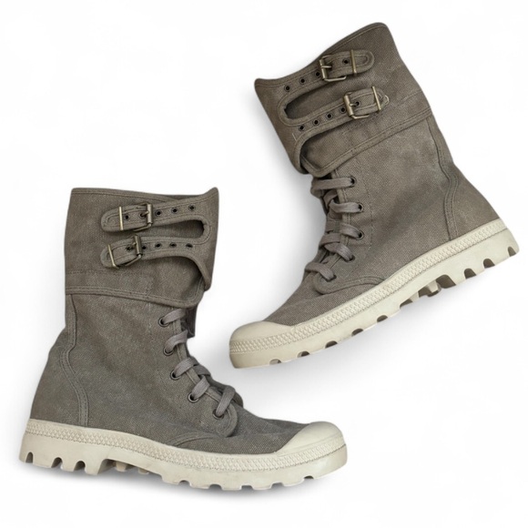 Palladium Shoes - Palladium Pampa Pelaton Combat Boots Size 9 Women’s Beige Khaki Calf Buckles